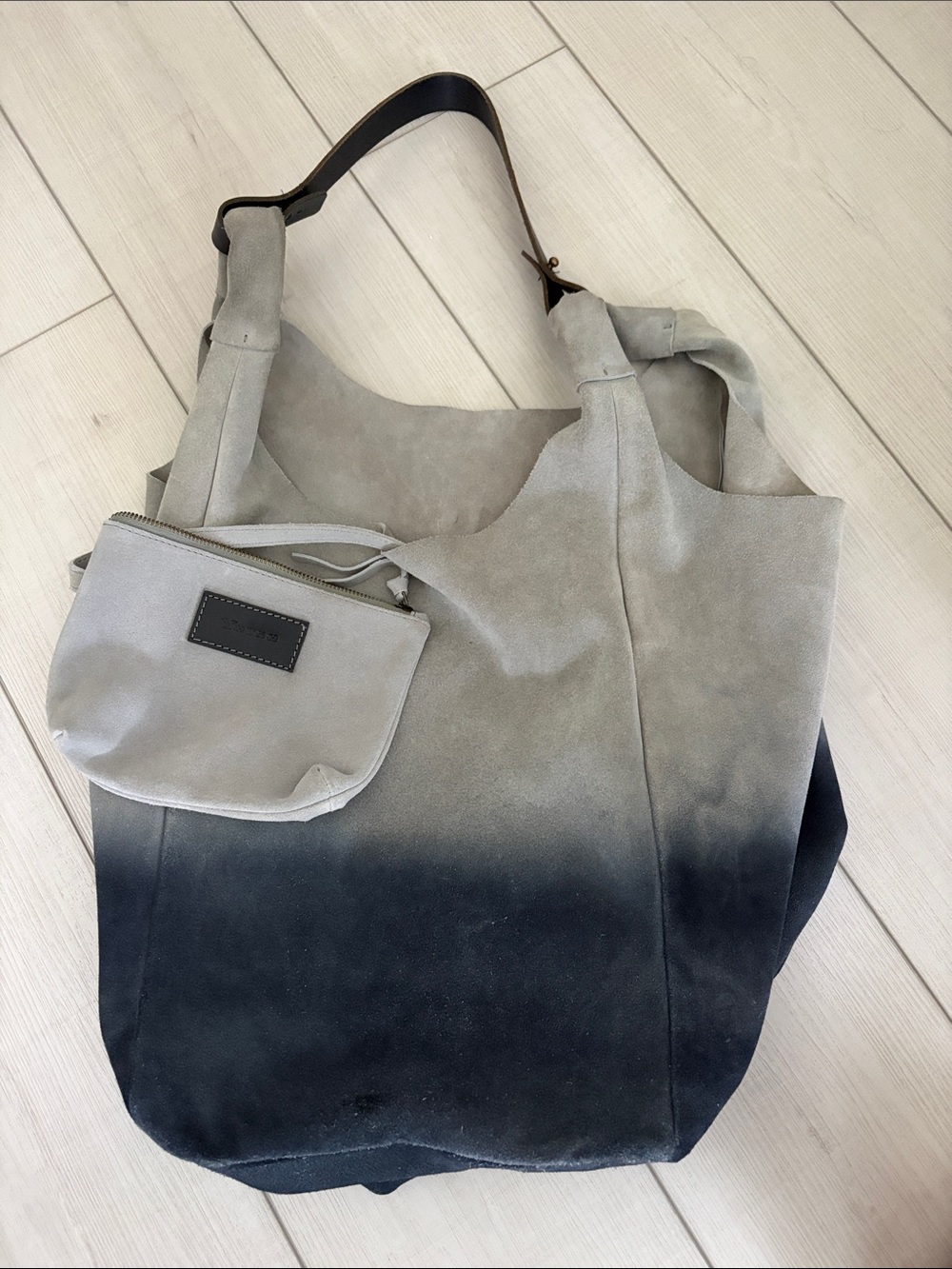 Gray to Black Ombre Suede Tote Bag with Small Pouch